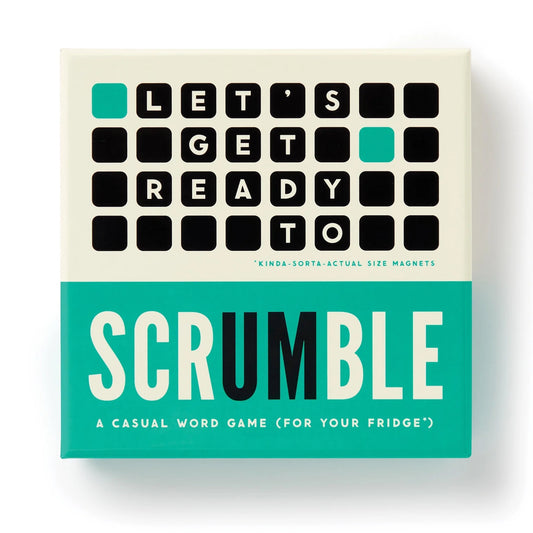 Patchwork with Busyfingers Scrumble Magnetic Fridge Game, a casual word game with letter magnets on a cream and teal box.