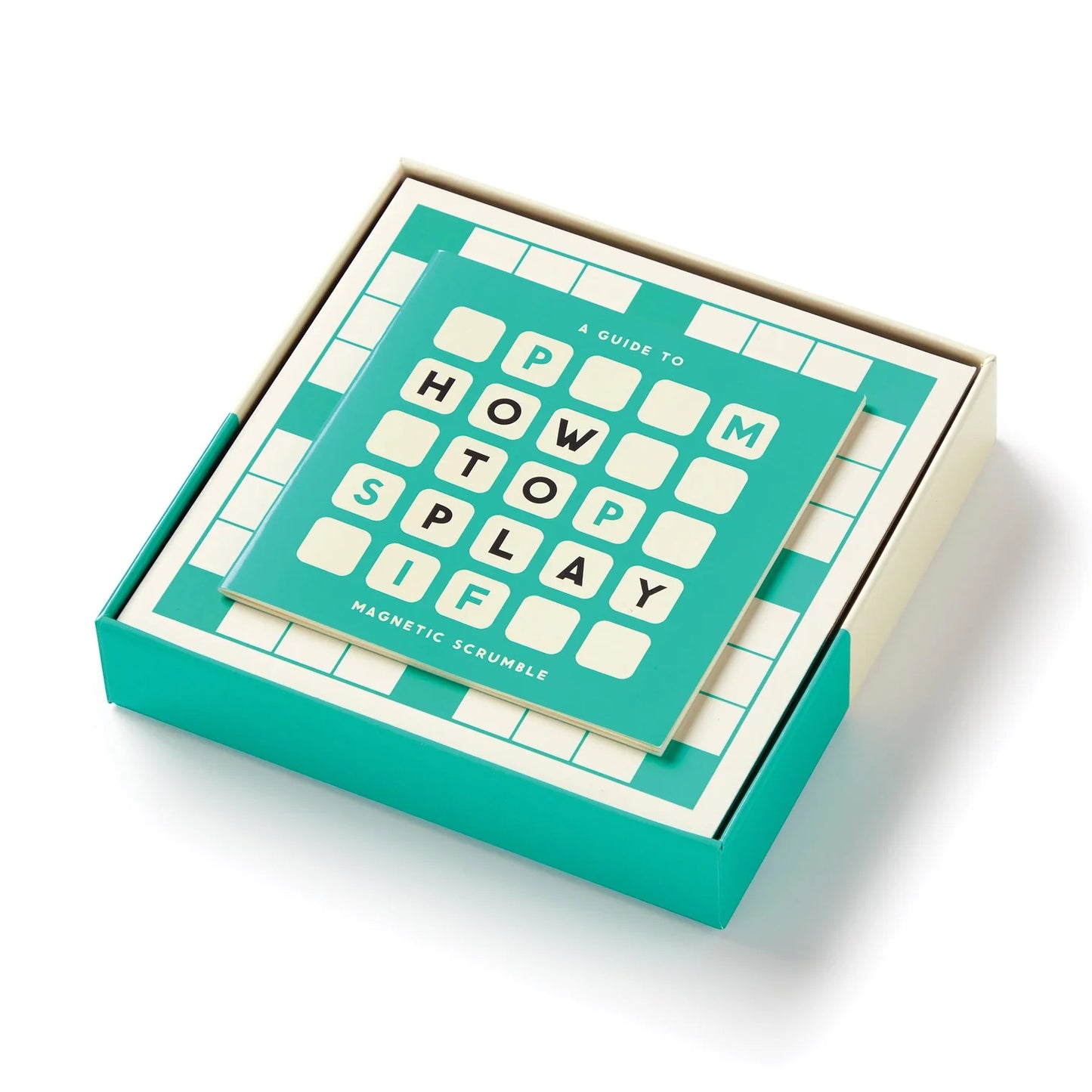 Patchwork with Busyfingers Scrumble Magnetic Fridge Game with 'How to Play' booklet on a teal and cream board.
