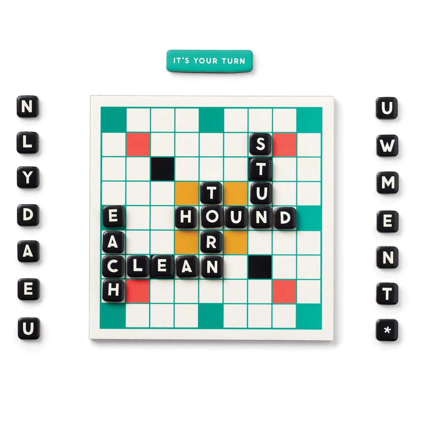 Patchwork with Busyfingers Scrumble Magnetic Fridge Game with letter tiles forming words on a grid. Includes 'IT'S YOUR TURN' sign.
