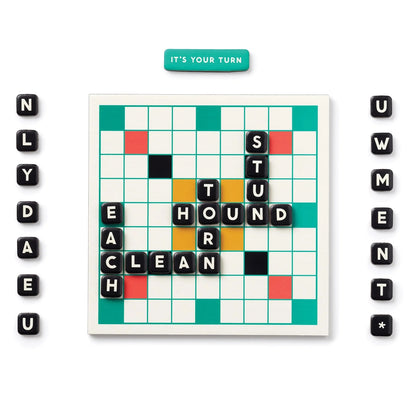 Patchwork with Busyfingers Scrumble Magnetic Fridge Game with letter tiles forming words on a grid. Includes 'IT'S YOUR TURN' sign.