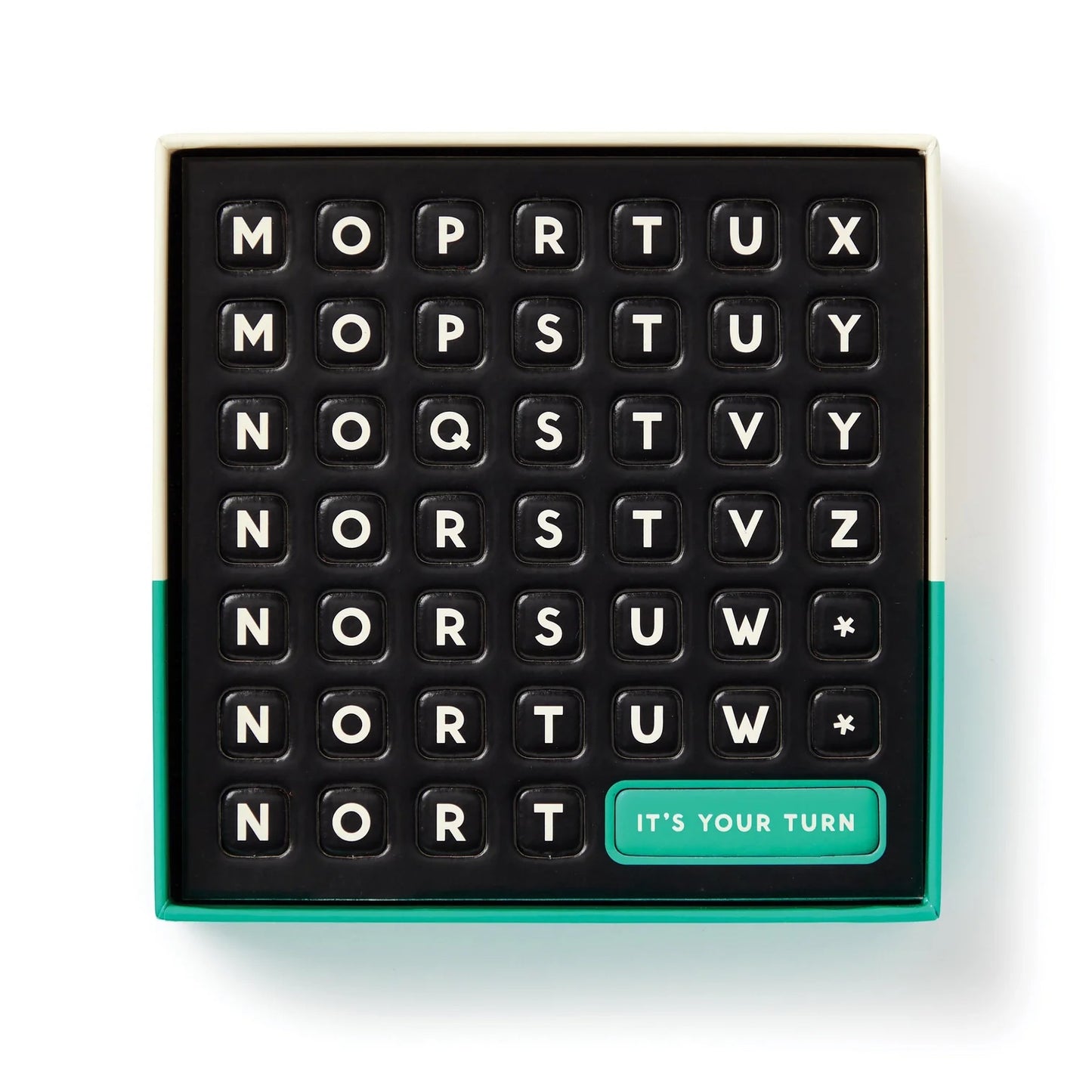 Patchwork with Busyfingers Scrumble Magnetic Fridge Game with black letter tiles and a teal 'It's Your Turn' button.