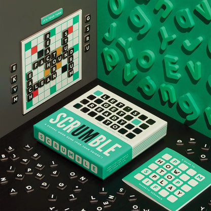 Patchwork with Busyfingers Scrumble magnetic fridge word game box with magnetic letters and game board.