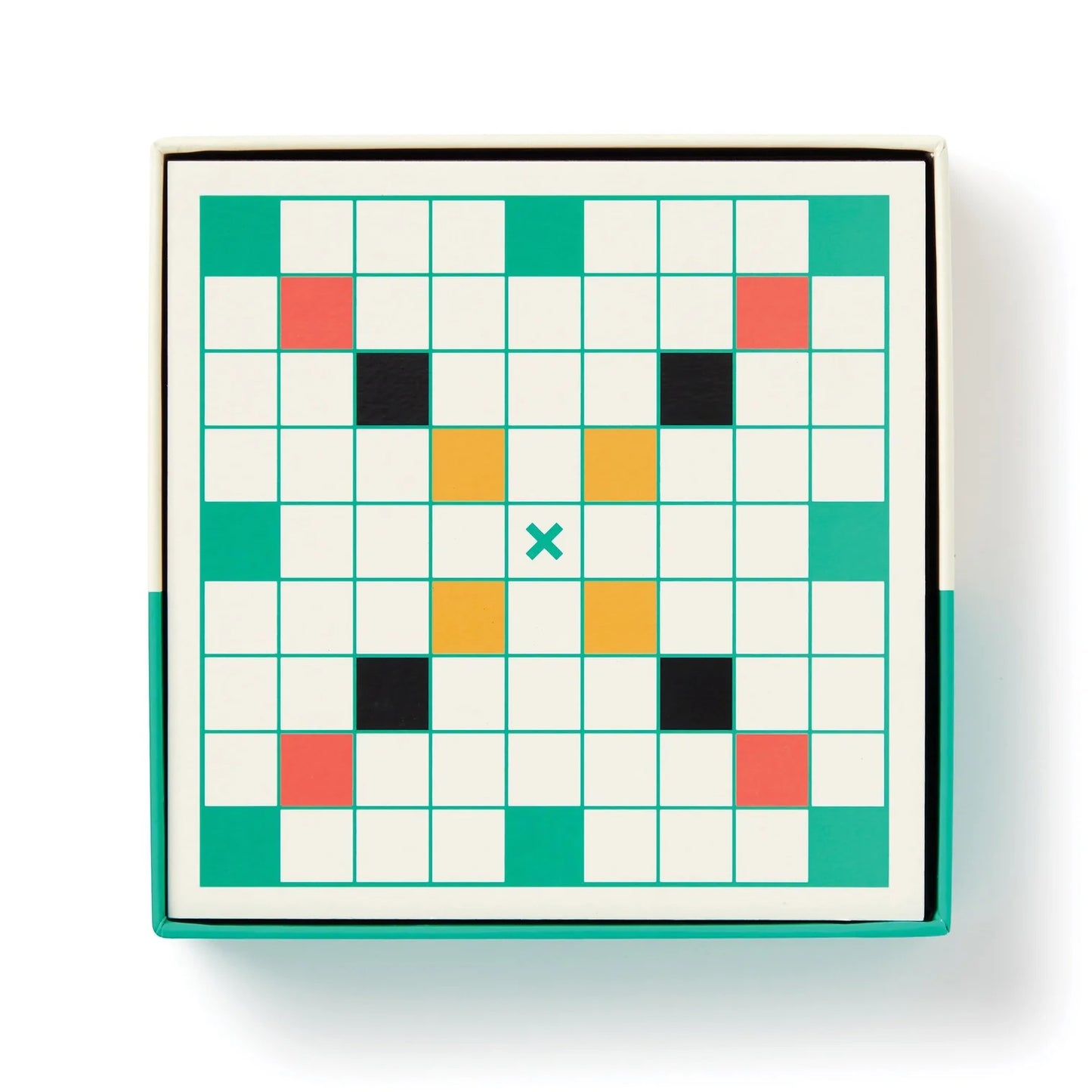 Patchwork with Busyfingers Scrumble Magnetic Fridge Game with a grid of squares in white, teal, coral, black, and yellow.