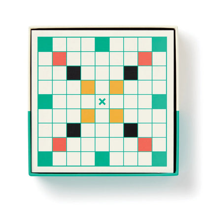 Patchwork with Busyfingers Scrumble Magnetic Fridge Game with a grid of squares in white, teal, coral, black, and yellow.