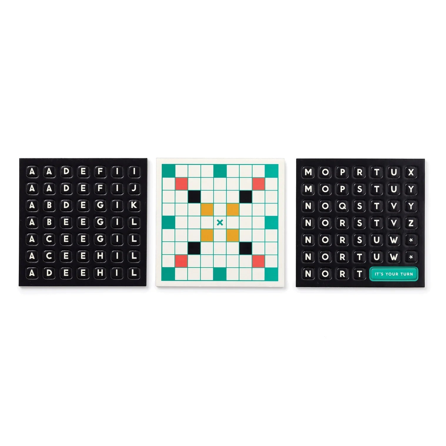 Patchwork with Busyfingers Scrumble Magnetic Fridge Game with letter tiles and game board.