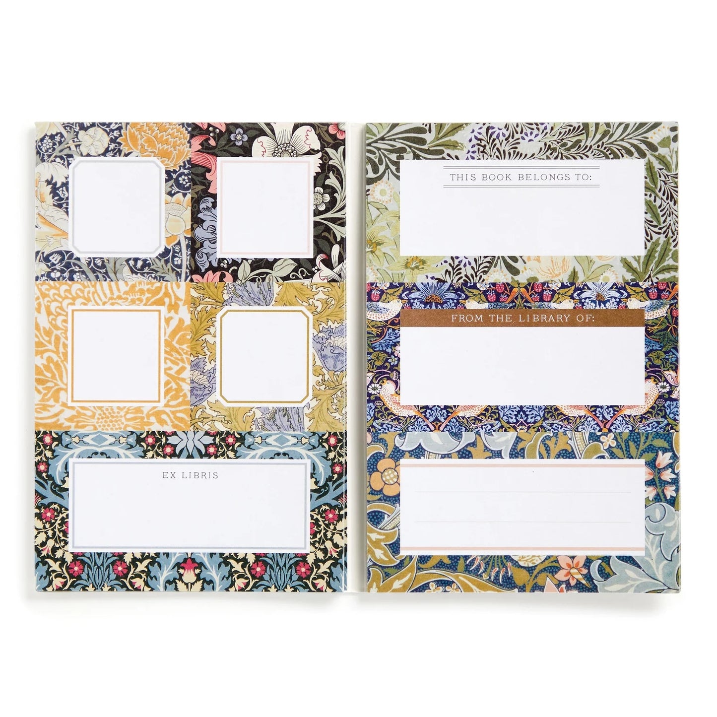 Patchwork with Busyfingers William Morris Book of Labels featuring floral designs and blank spaces for personalization. Includes 'This book belongs to:' and 'From the library of:' labels.