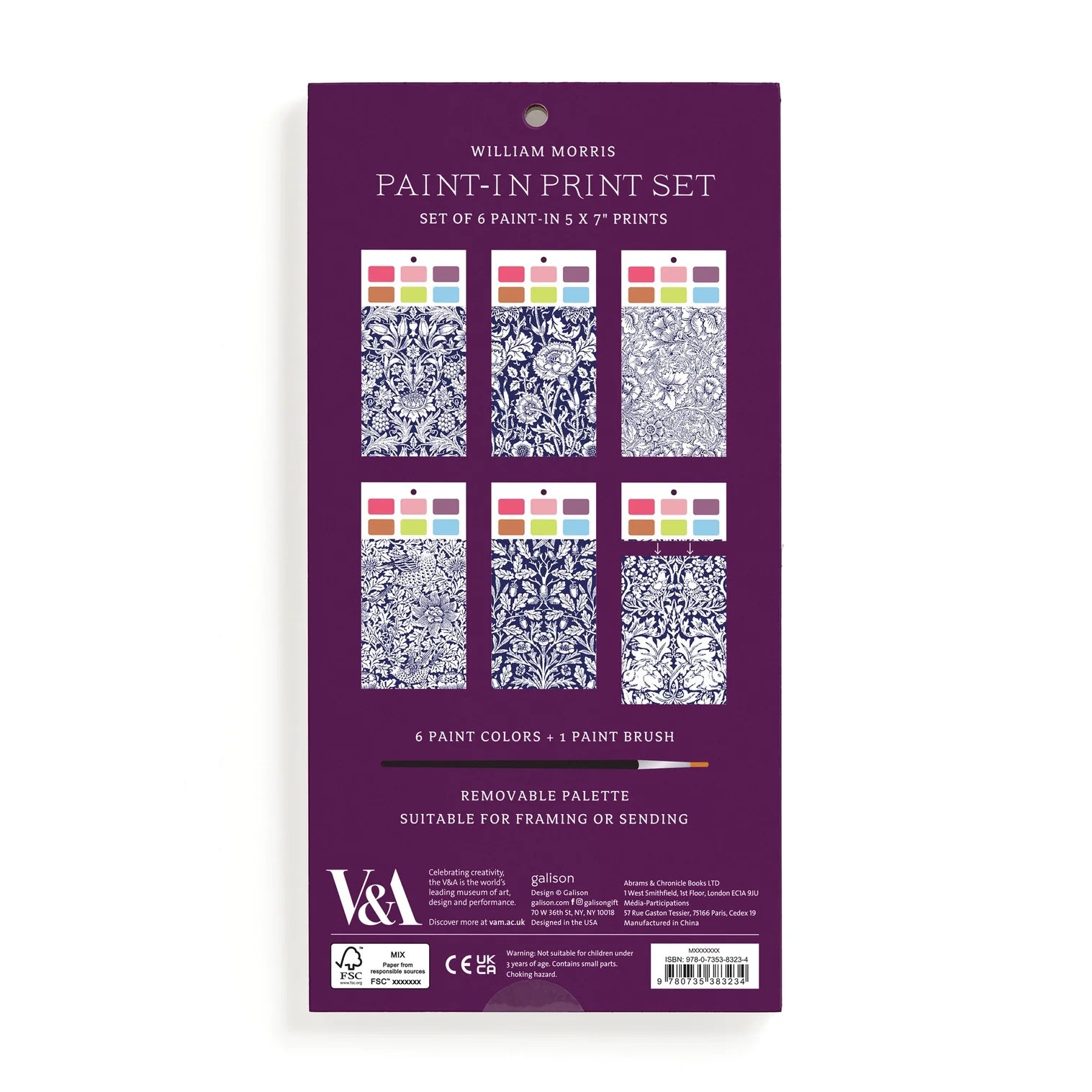 Patchwork with Busyfingers William Morris Paint-in Print Set featuring 6 floral patterned prints and 6 paint colors with a brush. Suitable for framing.