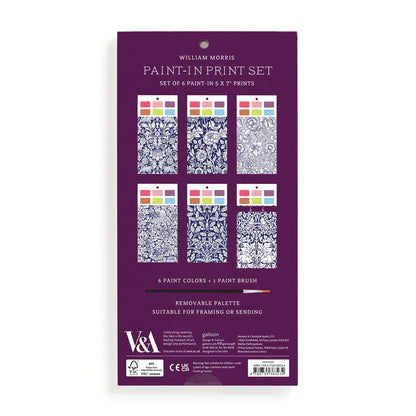 Patchwork with Busyfingers William Morris Paint-in Print Set featuring 6 floral patterned prints and 6 paint colors with a brush. Suitable for framing.