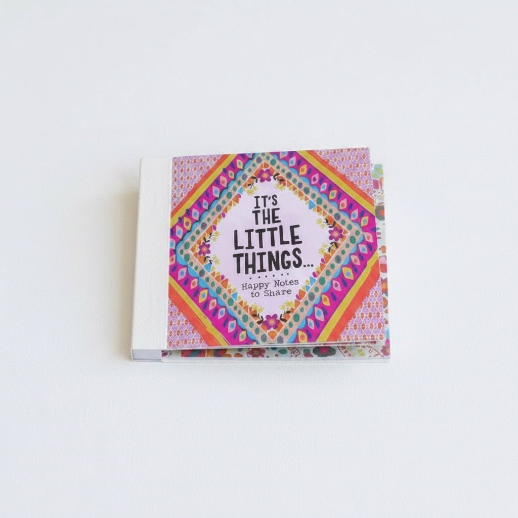 Patchwork with Busyfingers Happy Notes to Share book with colorful boho diamond pattern cover. Includes cards with floral "A hug from MOM" and owl "DO MORE OF WHAT MAKES YOU HAPPY".