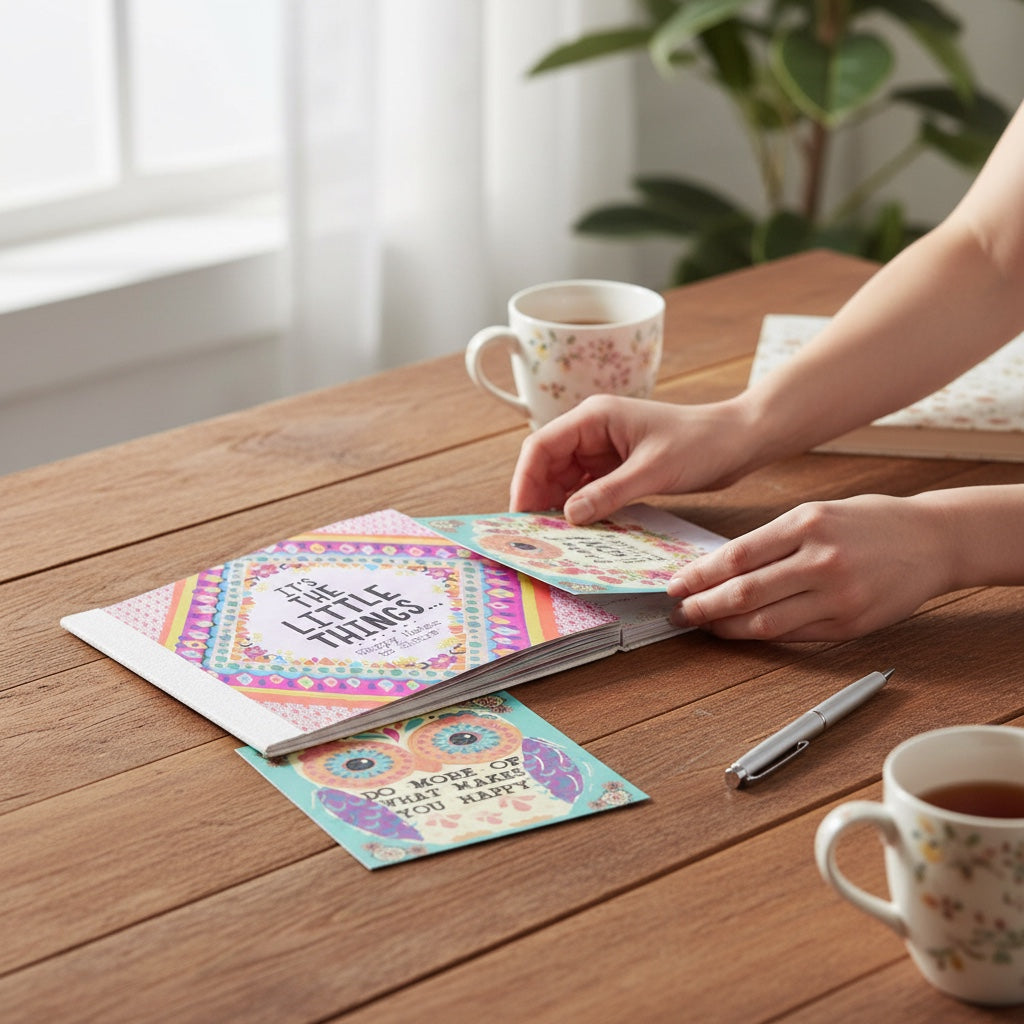 Patchwork with Busyfingers Happy Notes book with colorful boho design, featuring uplifting quotes and artwork. Includes sample notes with floral and owl designs.