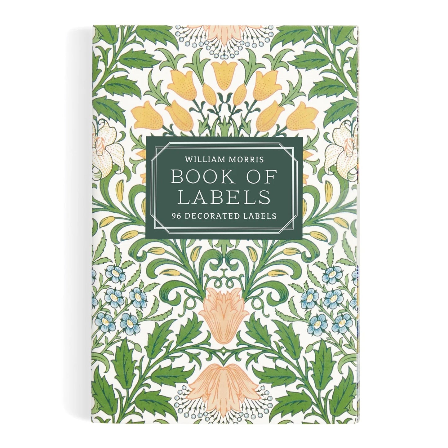 Patchwork with Busyfingers William Morris Book of Labels with floral design, featuring yellow, blue, and peach flowers with green leaves.