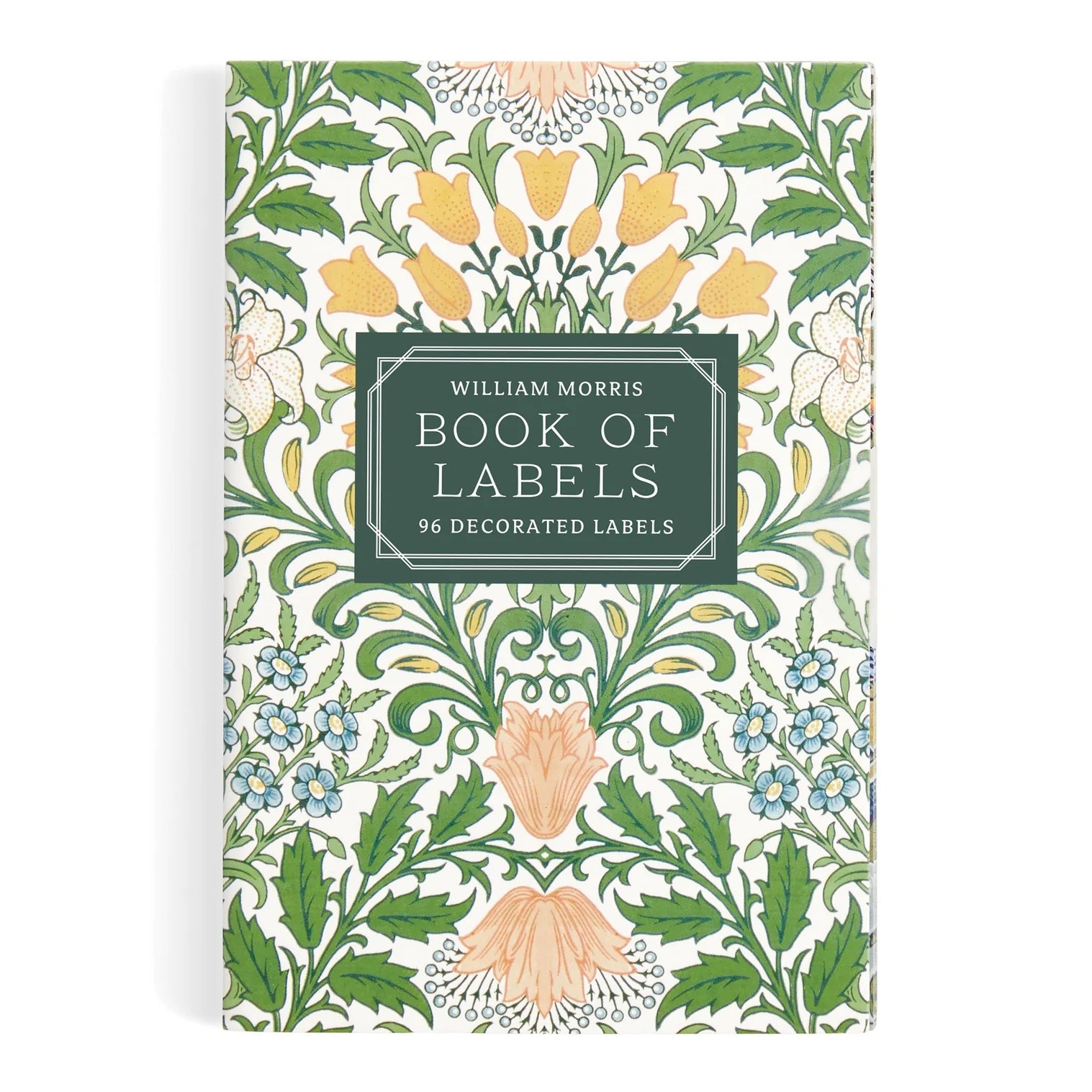 Patchwork with Busyfingers William Morris Book of Labels with floral design, featuring yellow, blue, and peach flowers with green leaves.