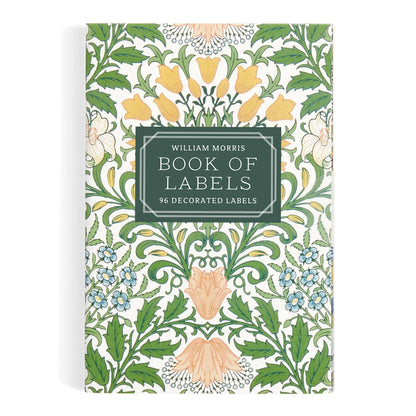 Patchwork with Busyfingers William Morris Book of Labels with floral design, featuring yellow, blue, and peach flowers with green leaves.