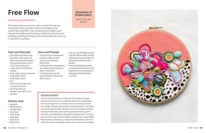 Patchwork with Busyfingers Creative Abstract Embroidery Book page showing a vibrant freeform hoop art project