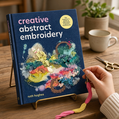 Patchwork with Busyfingers Creative Abstract Embroidery book by Ruth Hughes featuring colourful textured stitching.