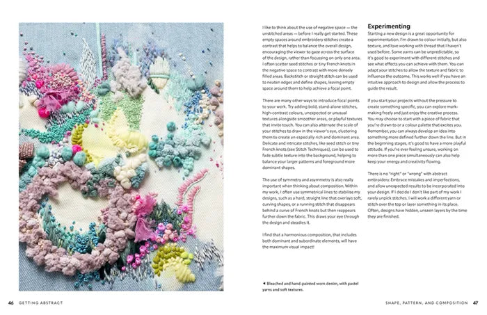 Patchwork with Busyfingers Creative Abstract Embroidery Book showing textured freeform stitching on denim fabric