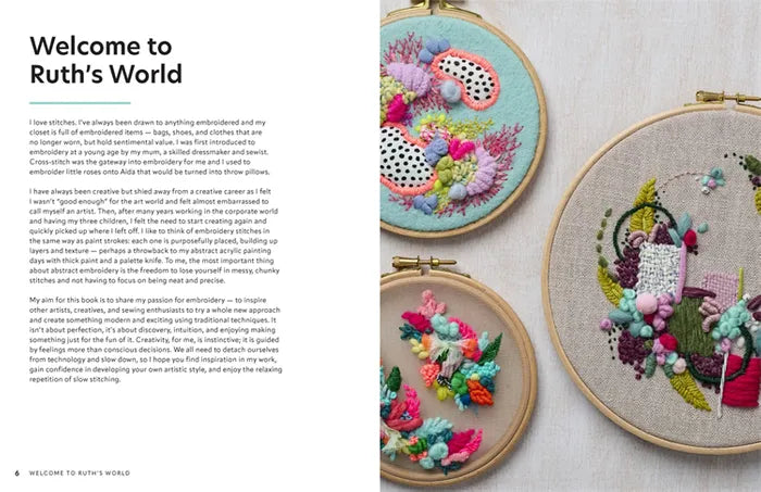 Patchwork with Busyfingers Creative Abstract Embroidery Book showing colourful textured freeform stitching projects