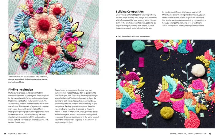 Patchwork with Busyfingers Creative Abstract Embroidery Book showing colourful 3D floral and organic stitch patterns