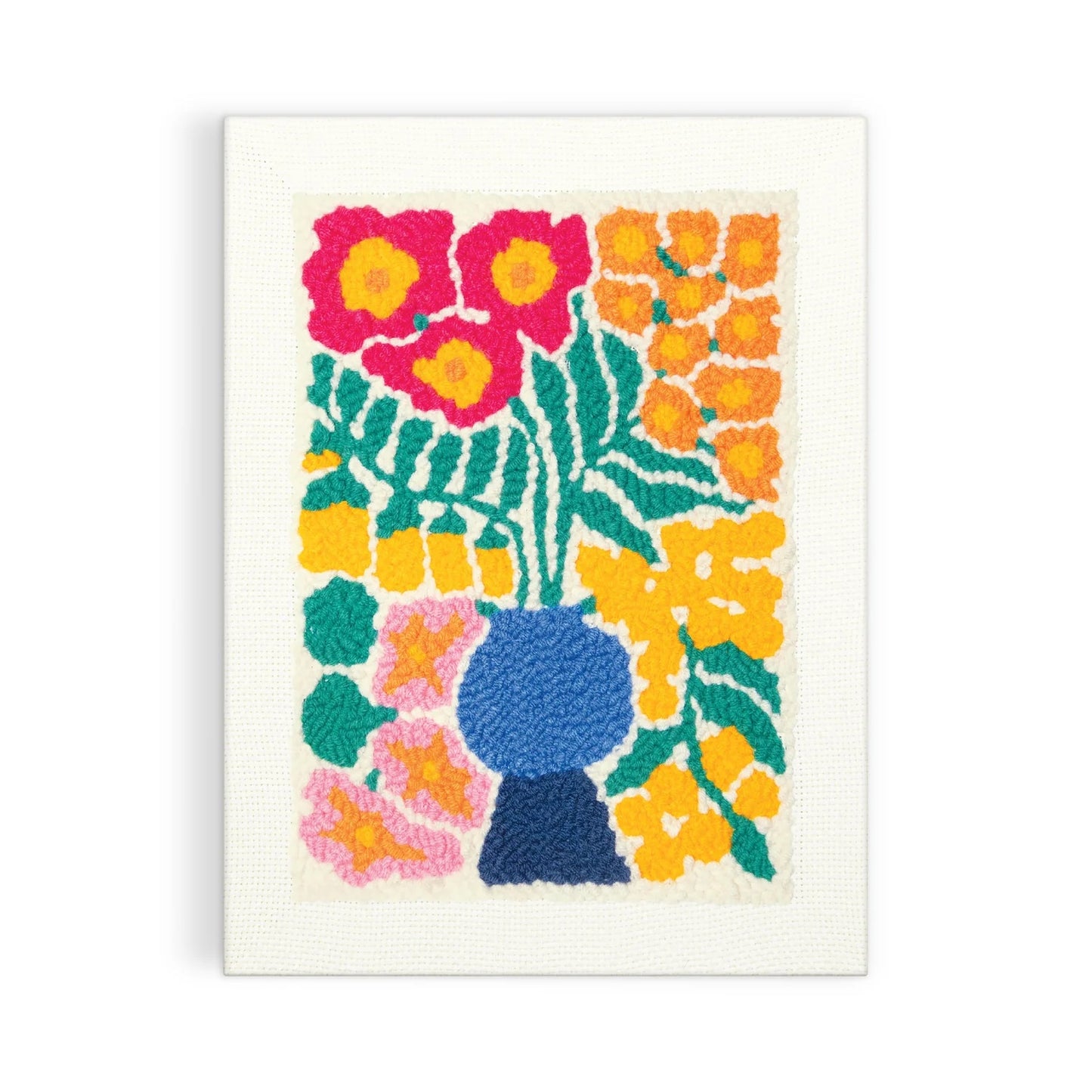 Patchwork with Busyfingers Blooming Wildflowers punch needle kit featuring a colourful floral arrangement in a blue vase.