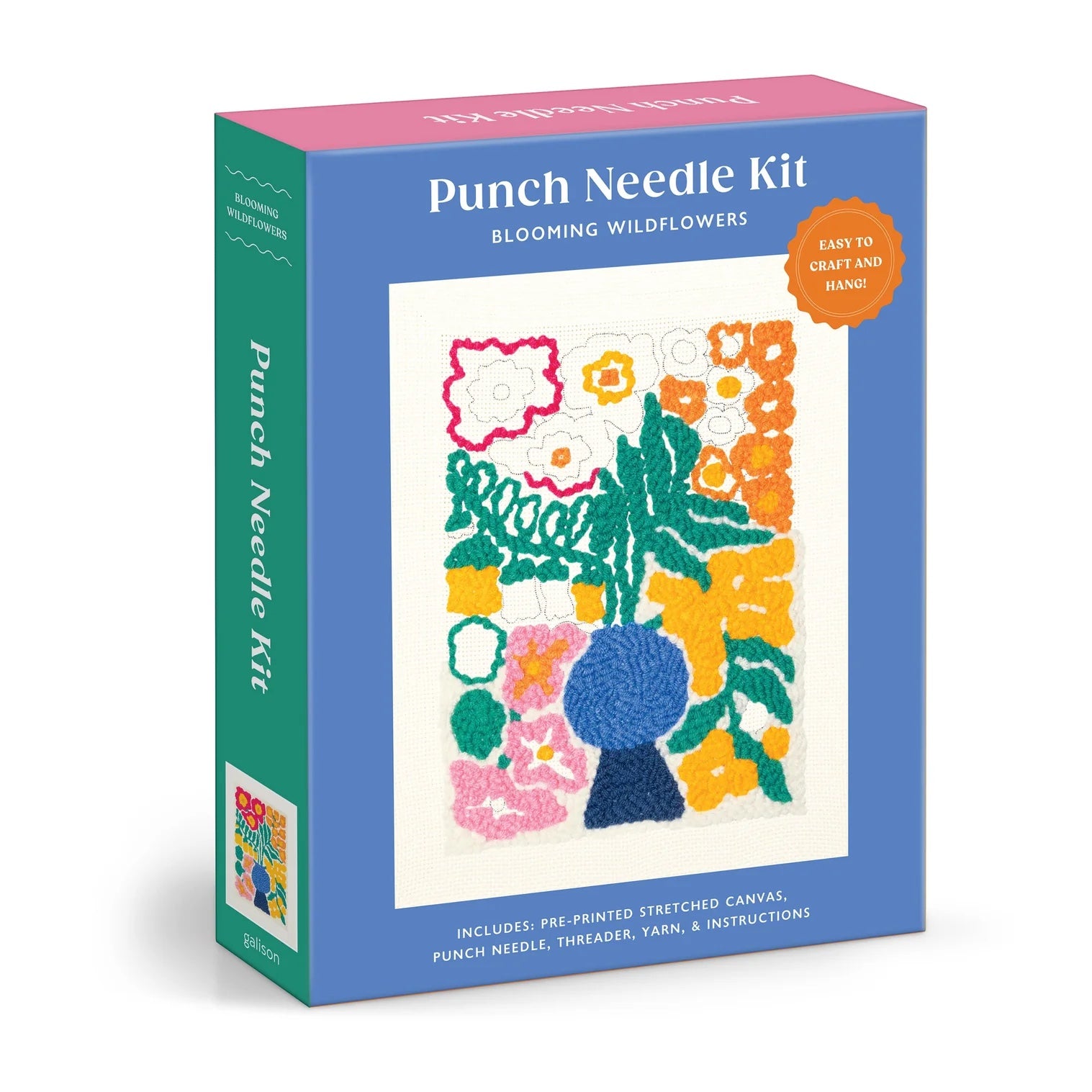 Patchwork with Busyfingers Blooming Wildflowers punch needle kit with pre-printed canvas, yarn, needle, threader, and instructions.