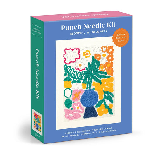 Patchwork with Busyfingers Blooming Wildflowers punch needle kit with pre-printed canvas, yarn, needle, threader, and instructions.