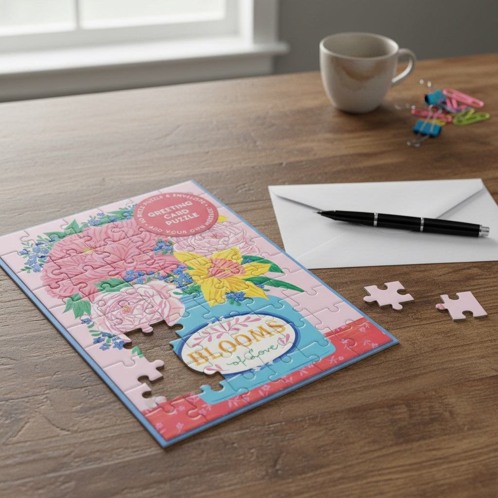 Patchwork with Busyfingers Blooms of Love greeting card puzzle featuring a bouquet of pink roses and yellow daffodils in a blue vase.