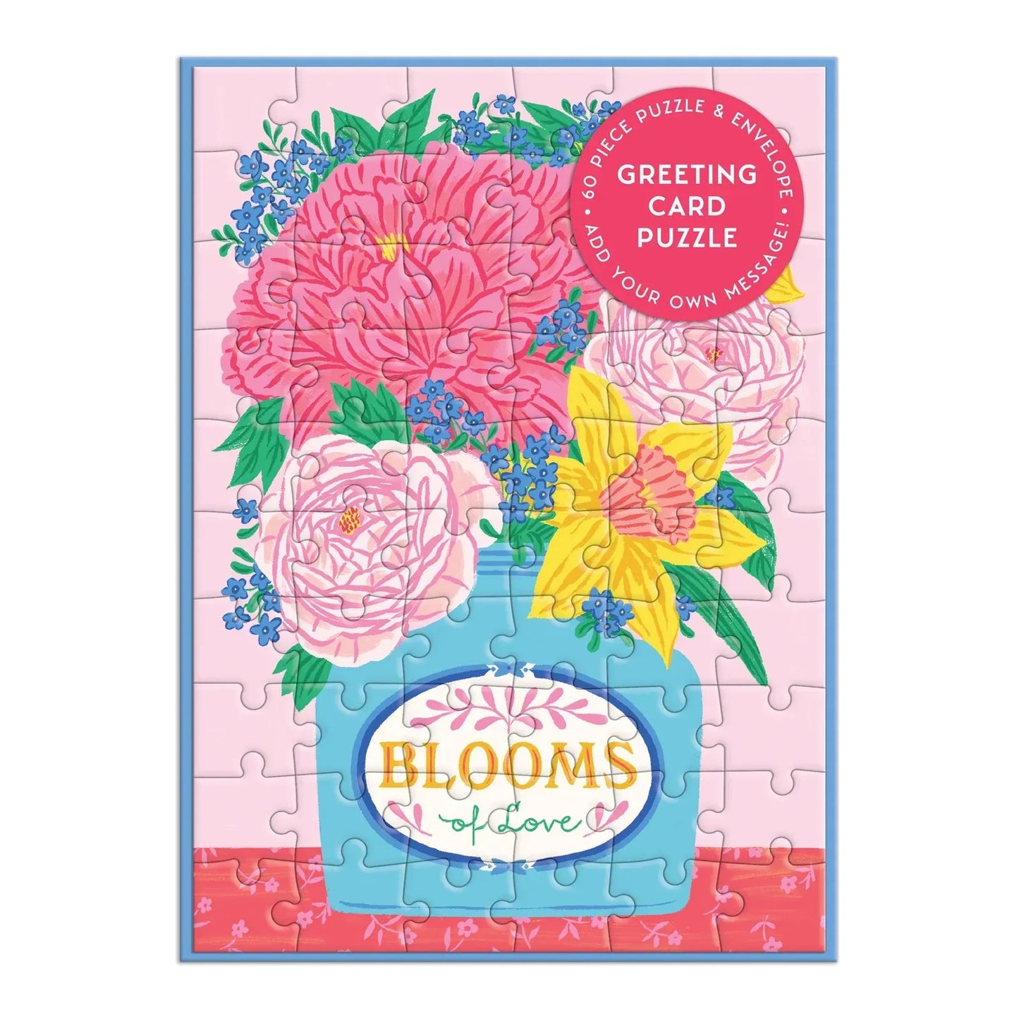 Patchwork with Busyfingers Blooms of Love greeting card puzzle featuring a bouquet of pink roses and yellow daffodils in a blue vase on a pink background.