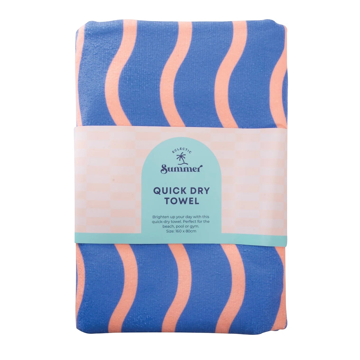 Patchwork with Busyfingers blue and coral wavy stripe quick dry polyester microfibre beach towel with tassels.