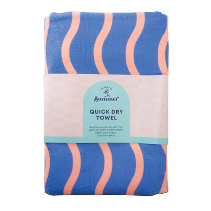 Patchwork with Busyfingers blue and coral wavy stripe quick dry polyester microfibre beach towel with tassels.