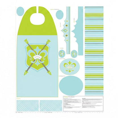 Patchwork with Busyfingers blue princess cape fabric panel with lime green accents and royal crest design