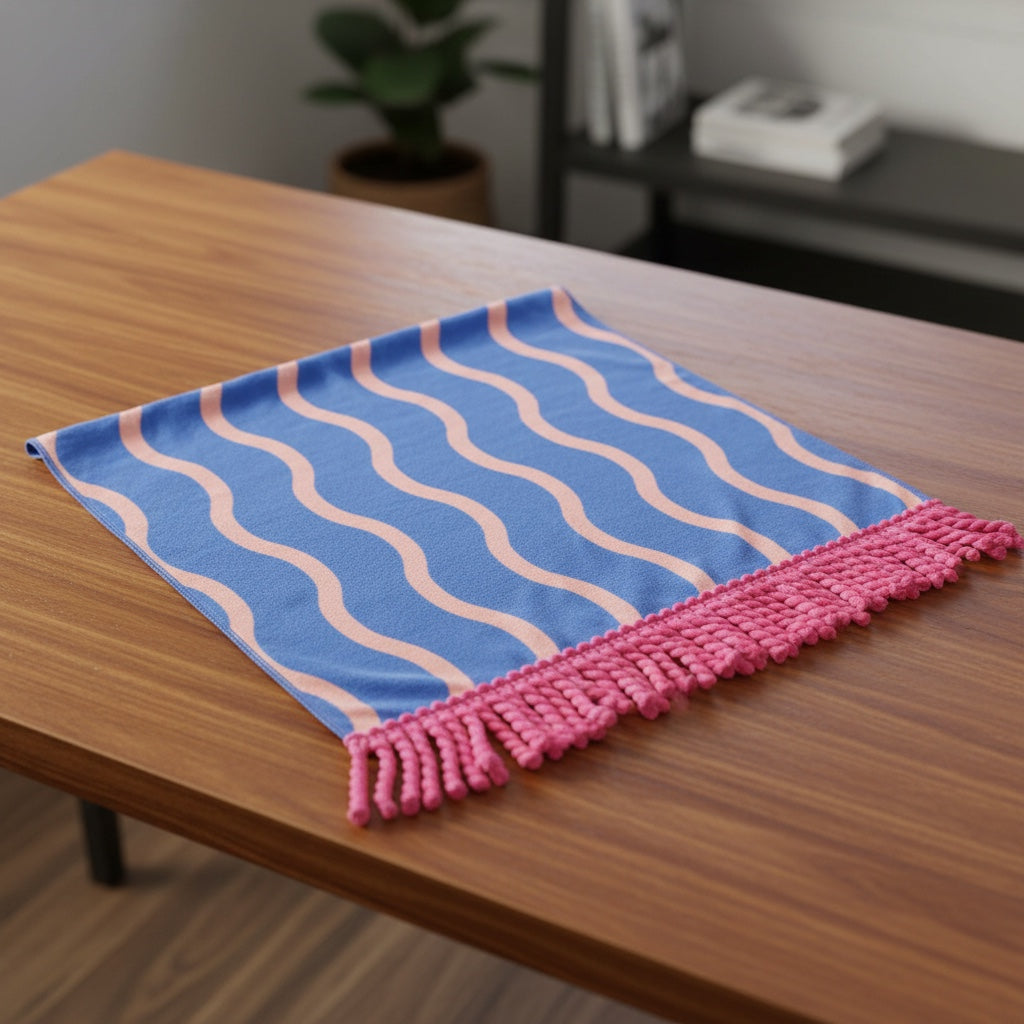 Patchwork with Busyfingers blue microfibre beach towel with wavy coral stripes and pink tassels