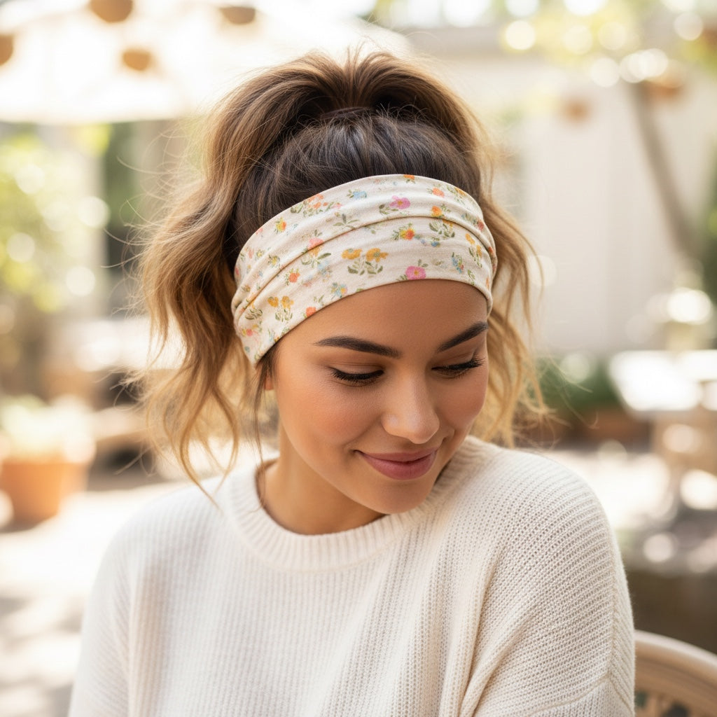 Patchwork with Busyfingers Boho Bandeau in pastel cream with a ditsy floral print. Versatile fabric accessory for hair or wrist.