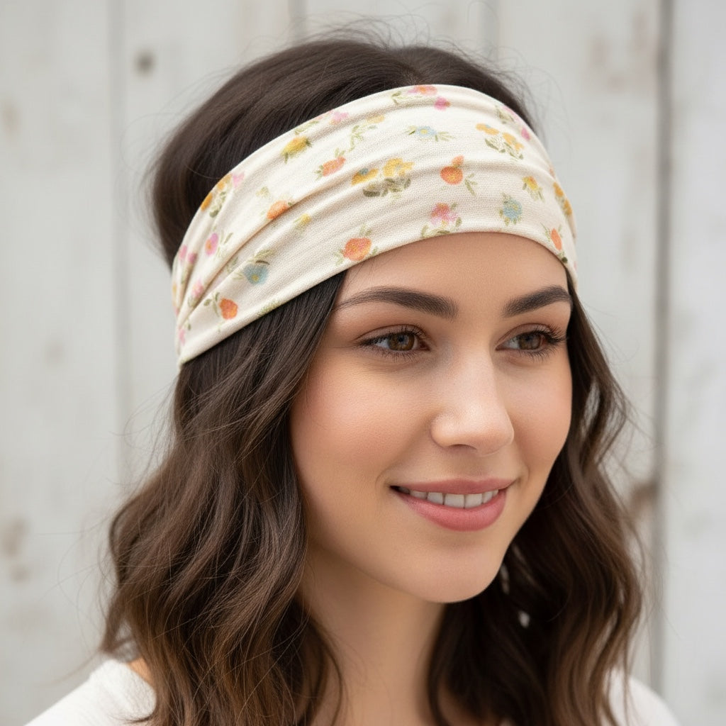 Patchwork with Busyfingers Boho Bandeau in cream with a ditsy floral print of pink, orange, and blue flowers. Versatile hair accessory.