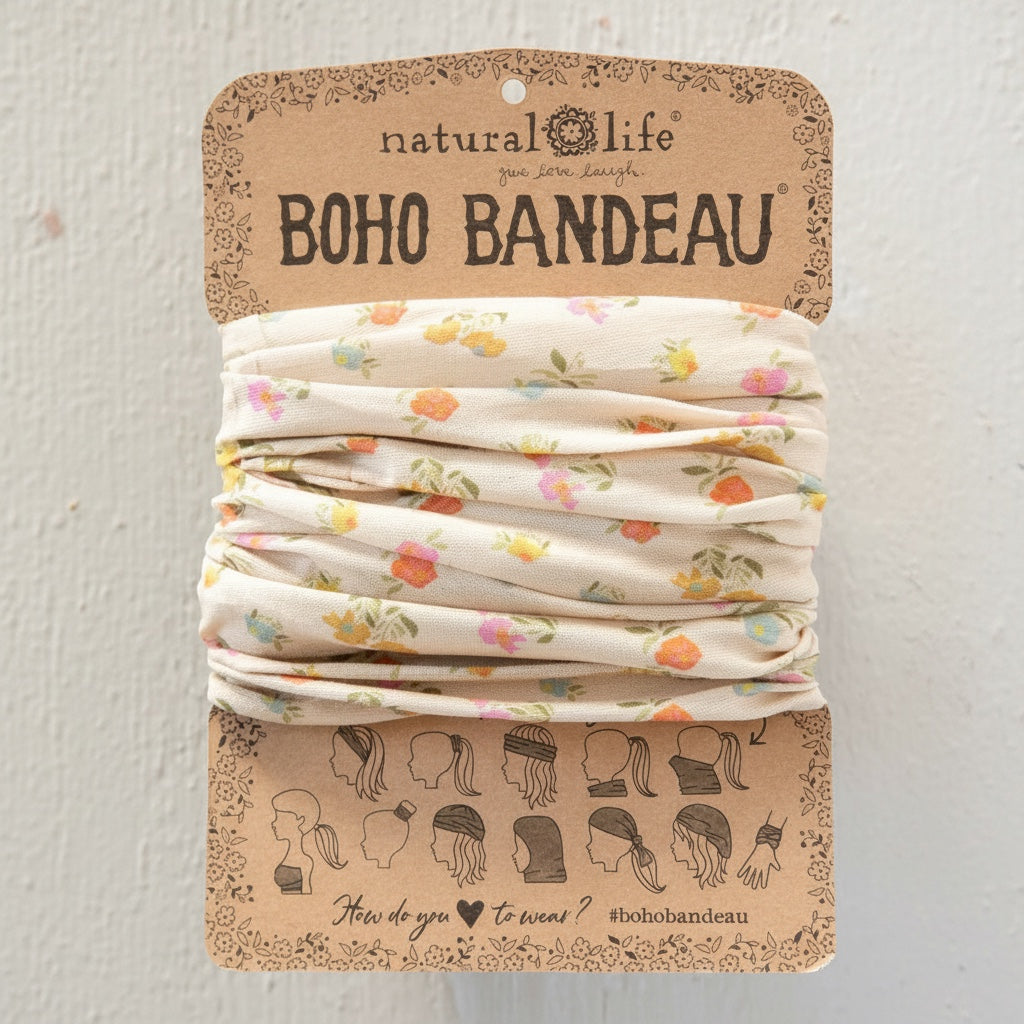 Patchwork with Busyfingers boho bandeau in cream with a ditsy floral print in pastel colours. Versatile accessory for hair or wrist.