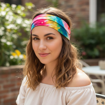 Patchwork with Busyfingers Boho Bandeau in abstract floral print with pink, yellow, blue, and green tie-dye colors. Versatile for hair or wrist.