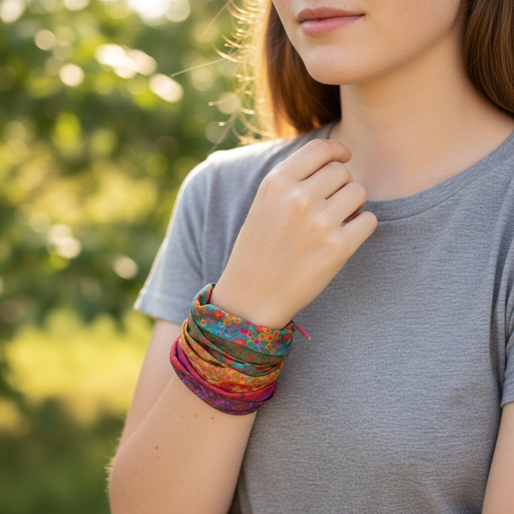 Patchwork with Busyfingers Boho Bandeau with rainbow floral print, soft stretchy fabric, versatile for hair or wrist.