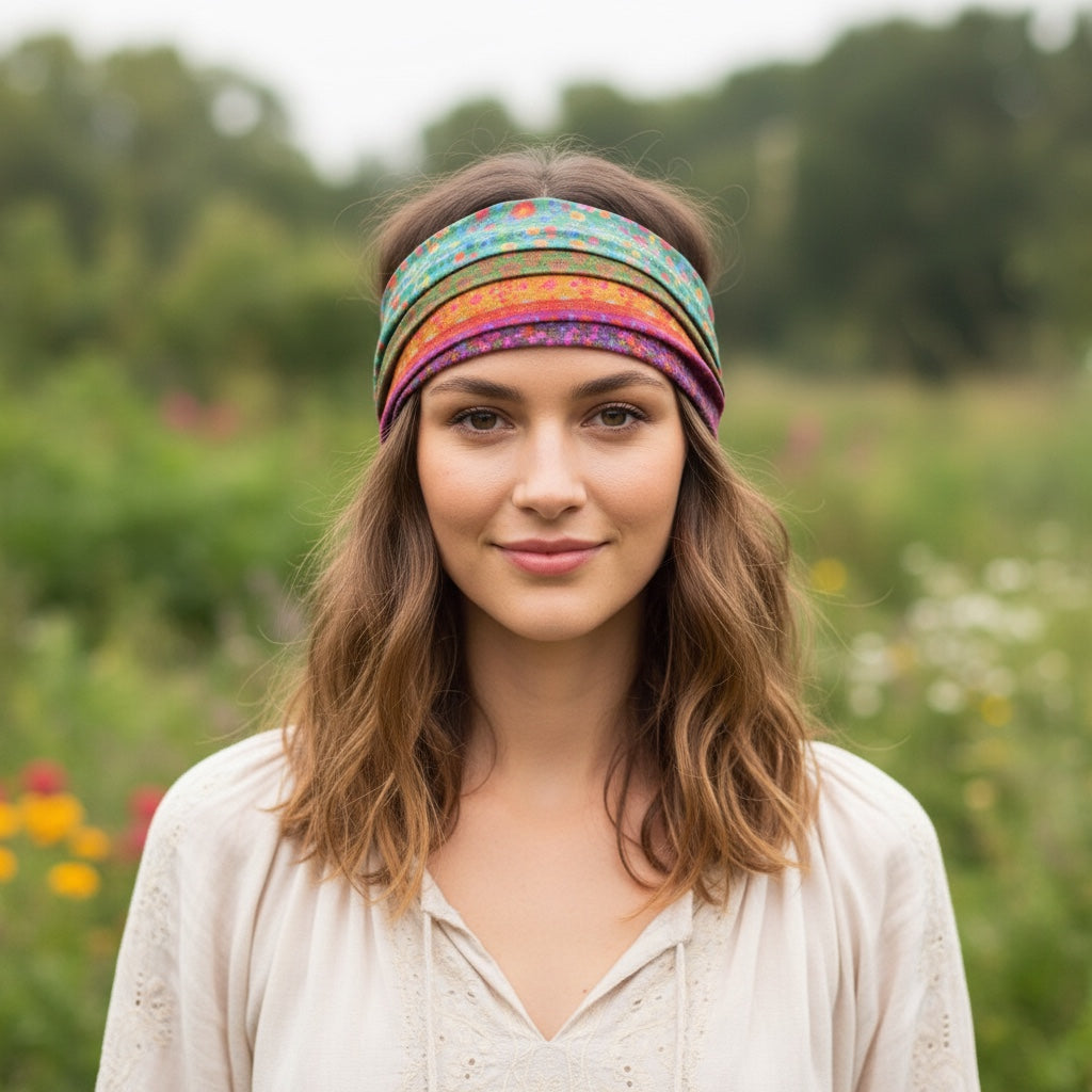 Patchwork with Busyfingers Boho Bandeau with rainbow floral print, versatile for hair or wrist.