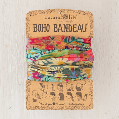 Patchwork with Busyfingers Boho Bandeau in wildflower print, featuring vibrant pinks, greens, and yellows. Soft, stretchy fabric for versatile wear as headband or accessory.