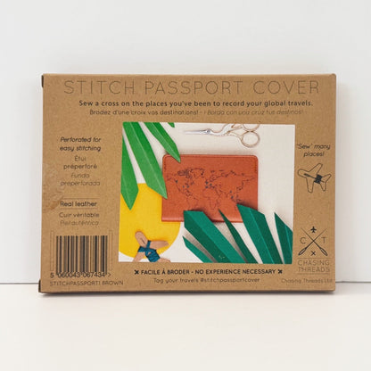 Patchwork with Busyfingers brown leather passport cover kit with world map print and perforated details for stitching.