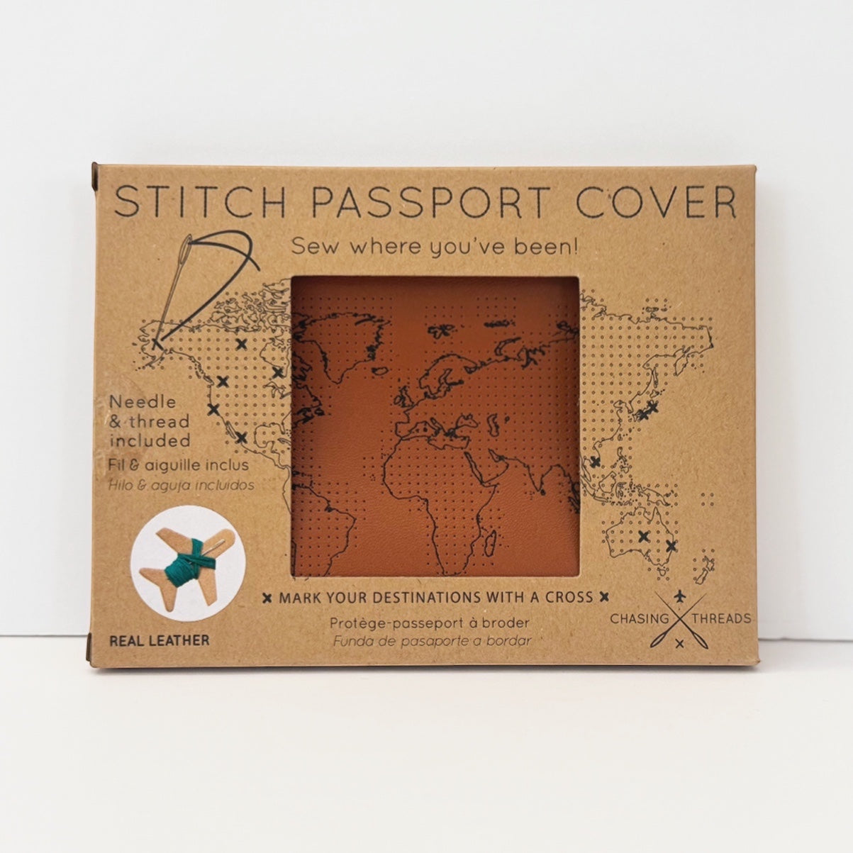 Patchwork with Busyfingers brown leather passport cover kit with world map design and needle & emerald thread included.