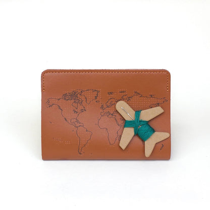 Patchwork with Busyfingers brown leather passport cover with world map print and emerald thread kit.