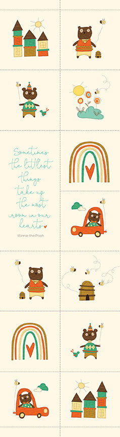 Patchwork with Busyfingers Bumble and Bear fabric panel with cute bear, rainbow, and house illustrations on cream