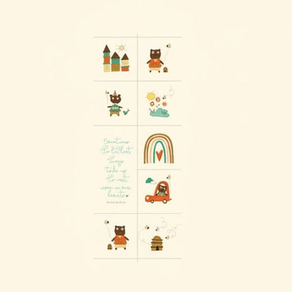Patchwork with Busyfingers Bumble and Bear fabric panel featuring cute bear illustrations, rainbows, and text.