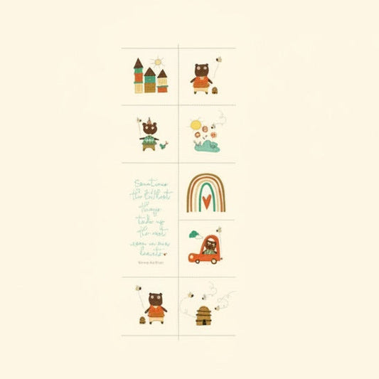 Patchwork with Busyfingers Bumble and Bear fabric panel featuring cute bear illustrations, rainbows, and text.