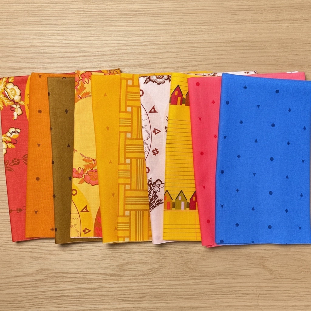 Patchwork with Busyfingers Camp Kitschy 10pc cotton fabric bundle featuring retro floral and geometric prints.