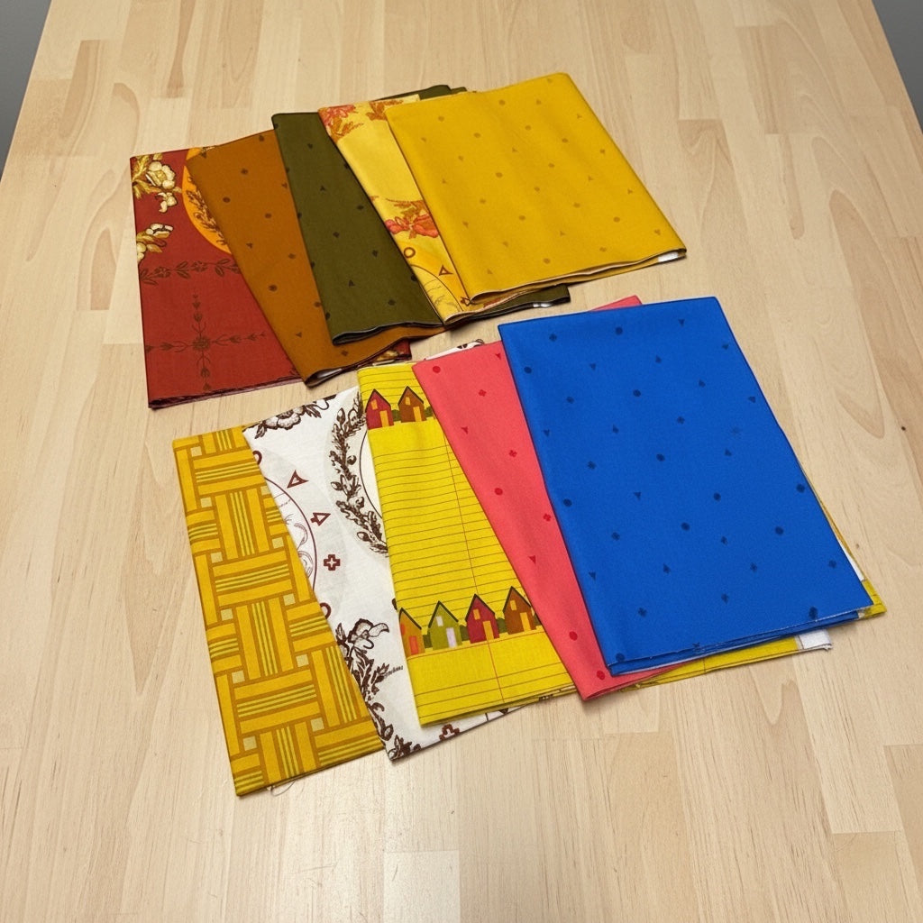 Patchwork with Busyfingers Camp Kitschy 10pc cotton fabric bundle featuring retro patterns in vibrant, warm colors.