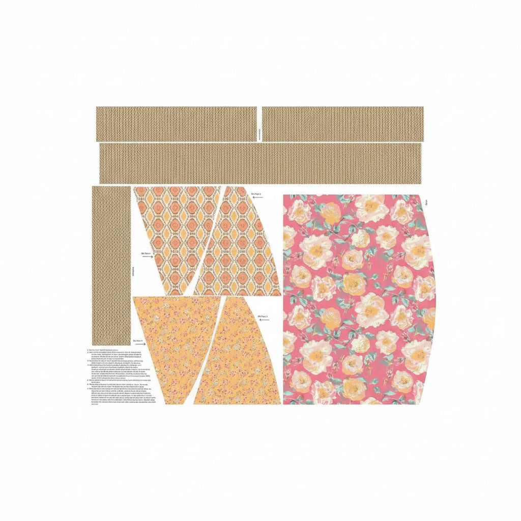 Patchwork with Busyfingers Chatsworth apron fabric panel in coral featuring floral and geometric patterns.