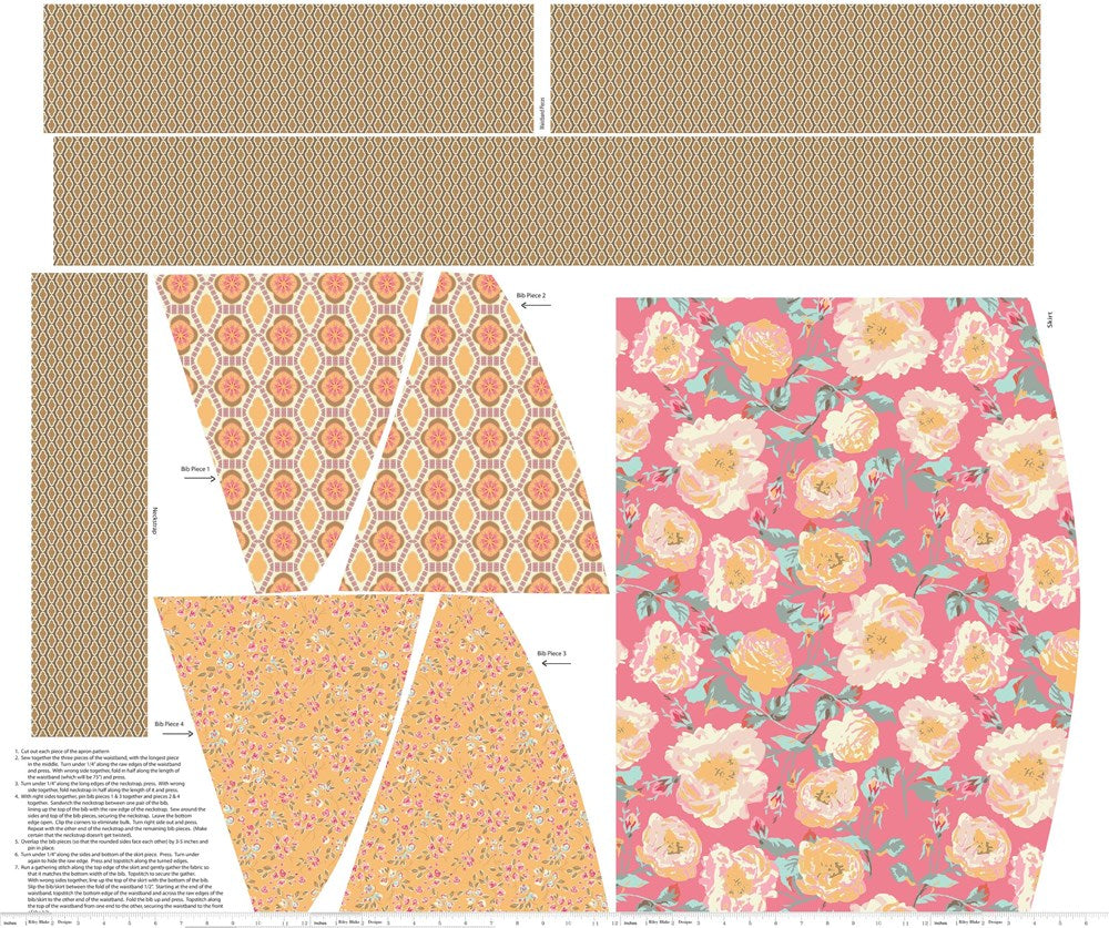 Patchwork with Busyfingers Chatsworth apron sewing panel in coral featuring floral and geometric patterns