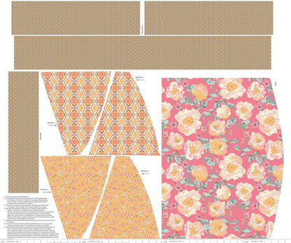Patchwork with Busyfingers Chatsworth apron sewing panel in coral featuring floral and geometric patterns