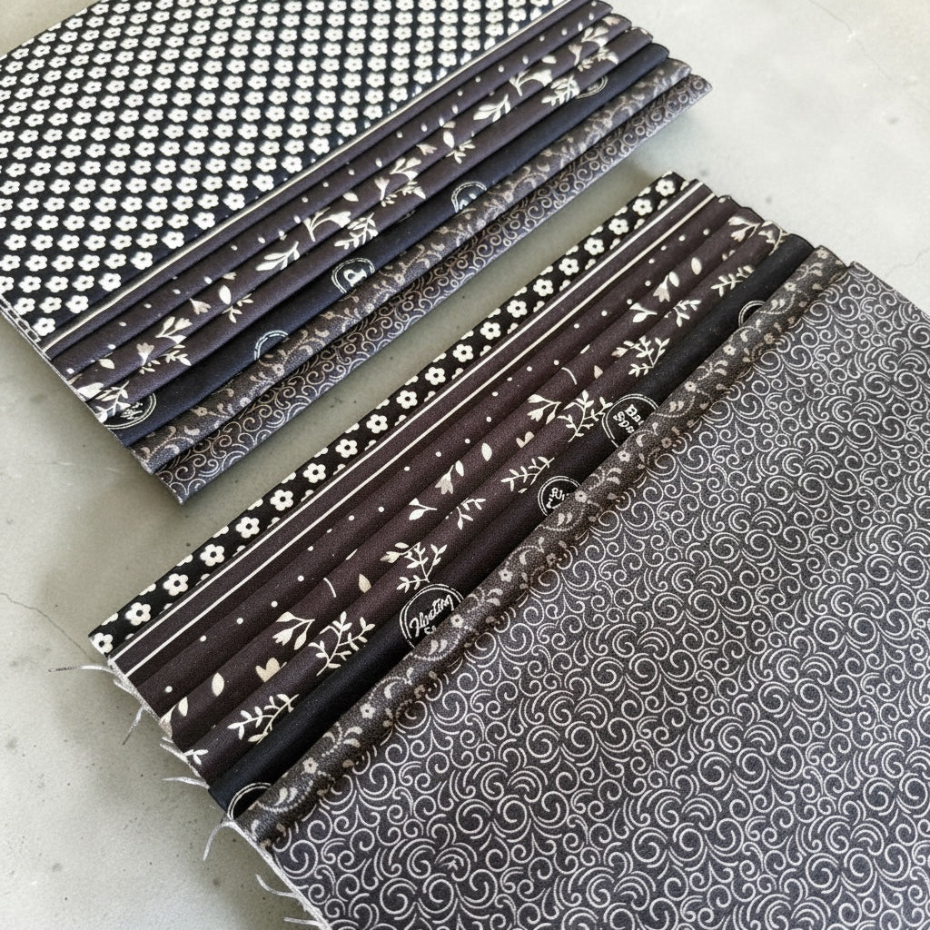 Patchwork with Busyfingers Classic Tuxedo 100% cotton fat eighth fabric pack with 8 assorted black and white prints.